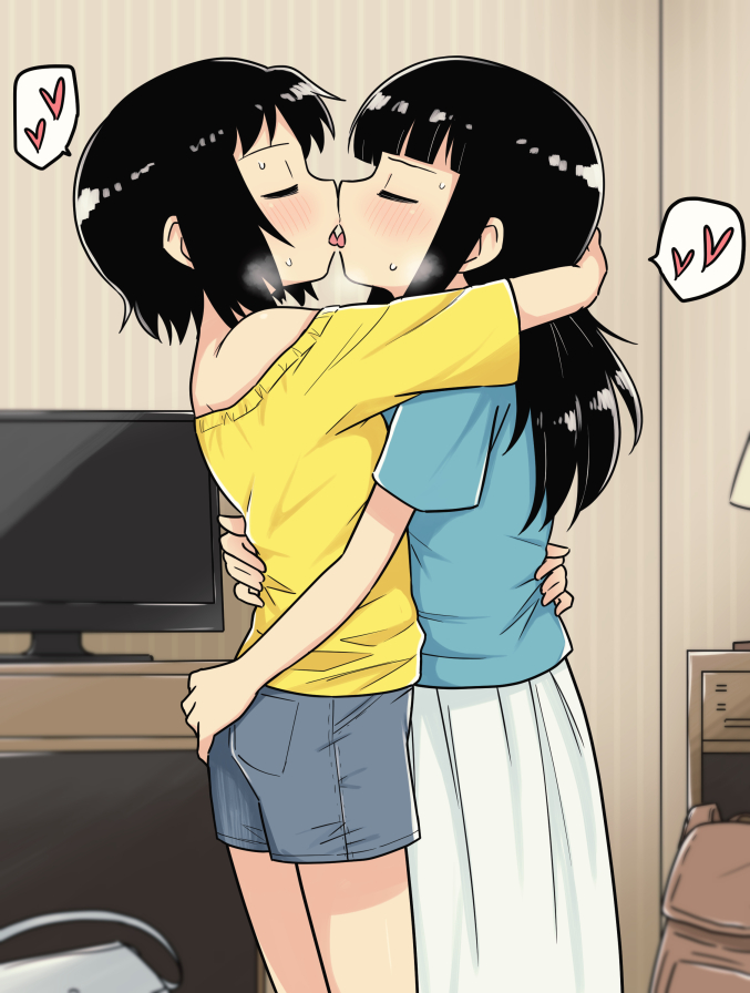 2girls aqua_shirt arm_around_neck ass_grab bernard-jou_iwaku. black_hair casual closed_eyes commentary_request couple denim denim_shorts french_kiss from_side hand_on_another's_back heart hug kanbayashi_shiori kiss long_hair long_skirt machida_sawako meis_(terameisu) monitor multiple_girls mutual_hug off-shoulder_shirt partial_commentary profile shirt short_hair short_sleeves shorts skirt spoken_heart sweat tongue tongue_out white_skirt yellow_shirt yuri