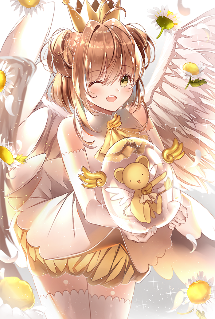 1girl ;d antenna_hair brown_eyes brown_hair card_captor_sakura cowboy_shot crown daisy elbow_gloves eyebrows_visible_through_hair feathered_wings flower gloves hair_between_eyes kero kinomoto_sakura lium long_hair looking_at_viewer one_eye_closed open_mouth puffy_shorts shiny shiny_hair shirt short_shorts shorts sleeveless sleeveless_shirt smile solo sparkle thigh-highs two_side_up white_gloves white_legwear white_shirt white_wings wings yellow_shorts zettai_ryouiki