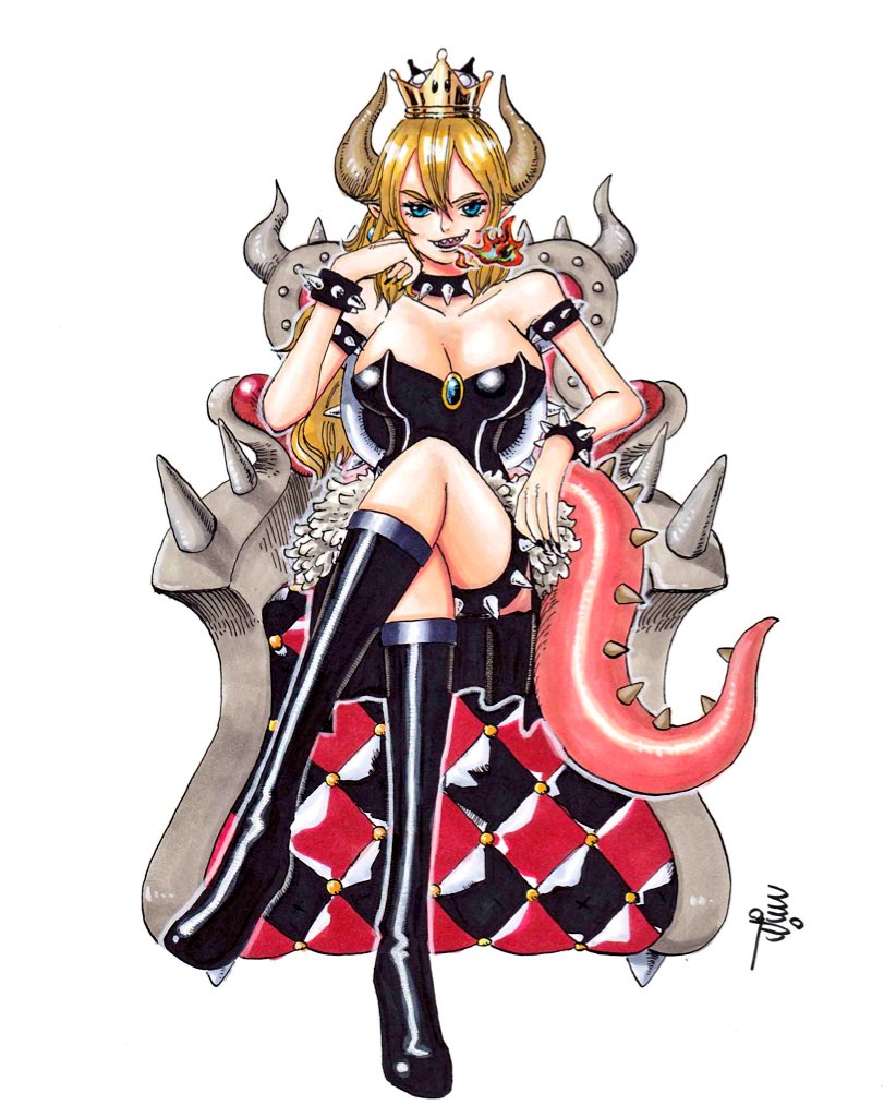 1girl armlet bare_shoulders black_dress blonde_hair blue_eyes boots bowsette bracelet breasts breathing_fire chair collar collarbone crown dress earrings fire genderswap genderswap_(mtf) horns jewelry large_breasts legs_crossed long_hair looking_at_viewer super_mario_bros. new_super_mario_bros._u_deluxe nintendo oda_eiichirou_(style) parody pointy_ears rofta_55 sharp_teeth simple_background sitting solo spiked_armlet spiked_bracelet spiked_collar spiked_shell spiked_tail spikes strapless strapless_dress style_parody super_crown tail teeth throne transformation turtle_shell white_background