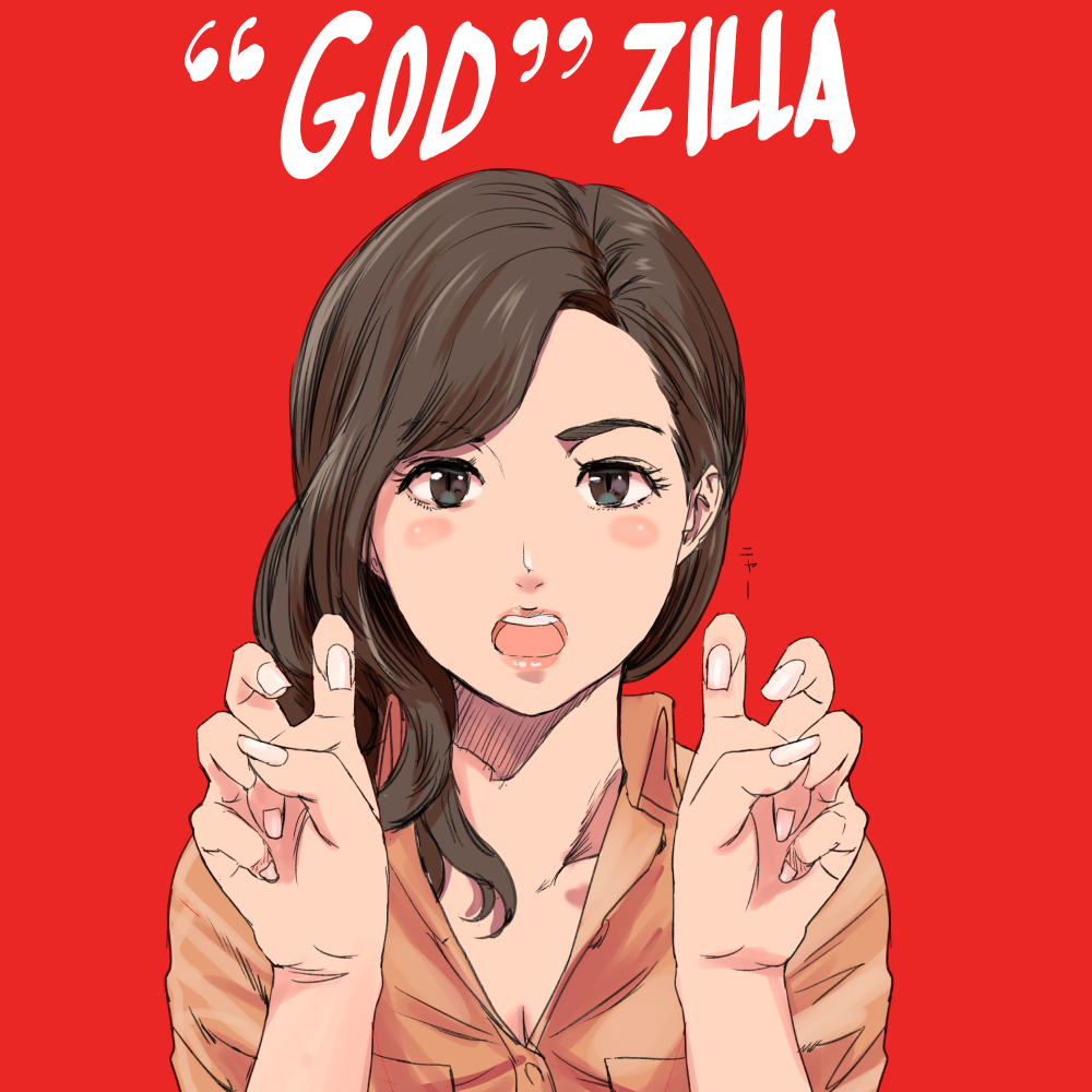 1girl air_quotes blush breasts brown_eyes brown_hair cleavage collared_shirt commentary_request fingernails hair_over_shoulder hands_up looking_at_viewer medium_breasts munakata_(hisahige) nail_polish open_mouth orange_shirt popped_collar red_background round_teeth shin_godzilla shirt simple_background solo teeth upper_body white_nails wing_collar