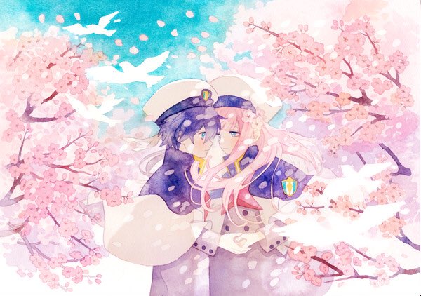 1boy 1girl bangs bird black_hair blue_eyes blue_sky cherry_blossoms clouds cloudy_sky couple darling_in_the_franxx day dress face-to-face facing_another floating_hair flower forehead-to-forehead green_eyes grey_dress grey_shirt hand_holding hat hetero hiro_(darling_in_the_franxx) horns it_yo_boy_demon long_hair long_sleeves looking_at_another military military_uniform necktie oni_horns peaked_cap petals pink_hair red_horns red_neckwear shirt sky uniform zero_two_(darling_in_the_franxx)