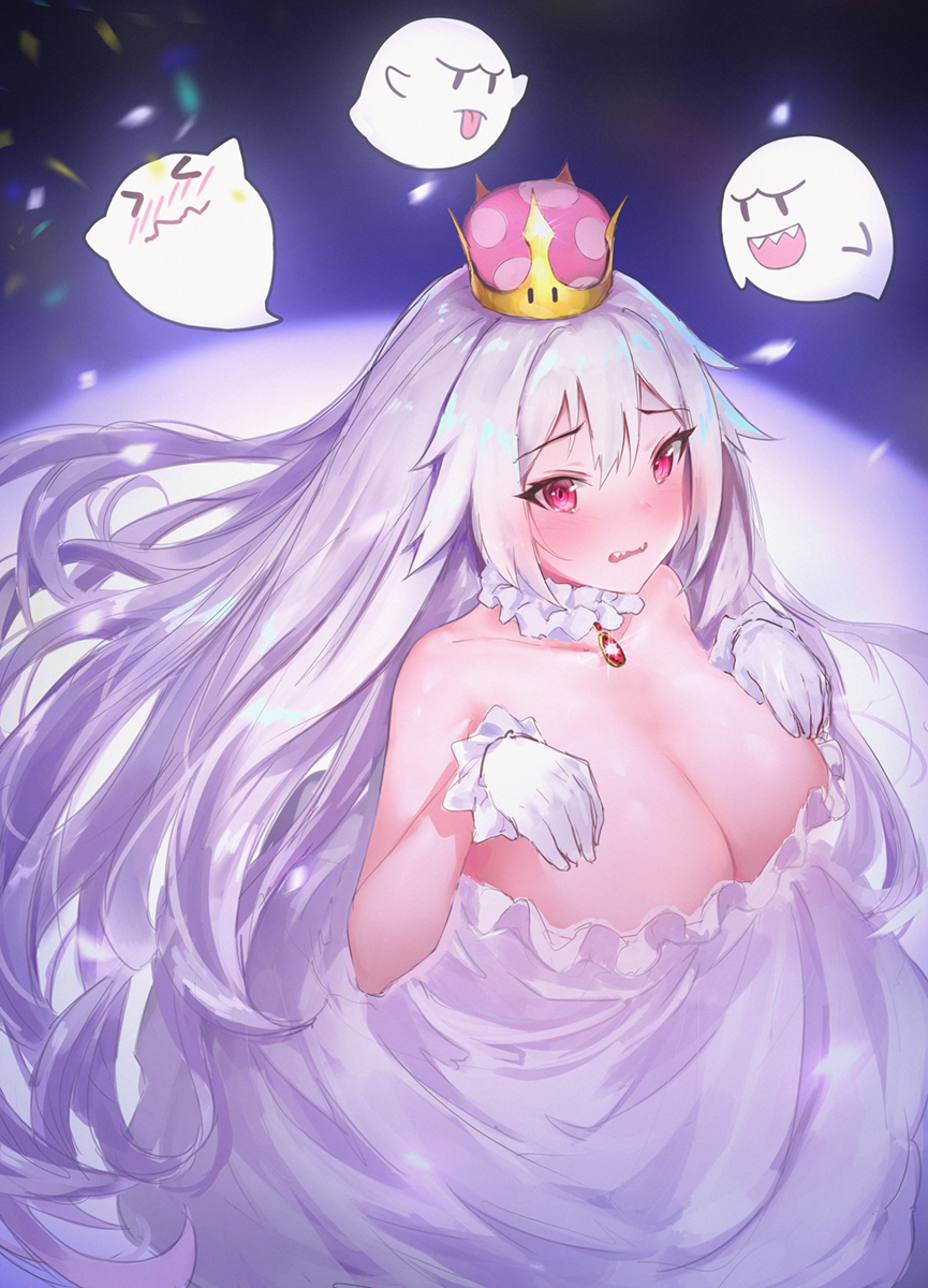 1girl bangs bare_shoulders blush boo breasts brooch cleavage collar confetti crown detached_collar dress frilled_collar frills full-face_blush gloves hair_between_eyes highres huge_breasts jewelry long_hair looking_at_viewer luigi's_mansion super_mario_bros. new_super_mario_bros._u_deluxe nintendo open_mouth princess_king_boo red_eyes rorona_s. sharp_teeth super_crown teeth very_long_hair white_dress white_gloves