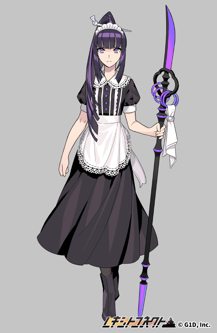 1girl apron arm_at_side bangs black_dress black_footwear black_hair black_legwear blunt_bangs copyright_name dress expressionless full_body grey_background hair_ornament hair_stick holding_naginata long_hair looking_at_viewer maid maid_apron naginata official_art polearm pota_(bluegutty) puffy_short_sleeves puffy_sleeves reki_connect short_sleeves standing violet_eyes watermark weapon