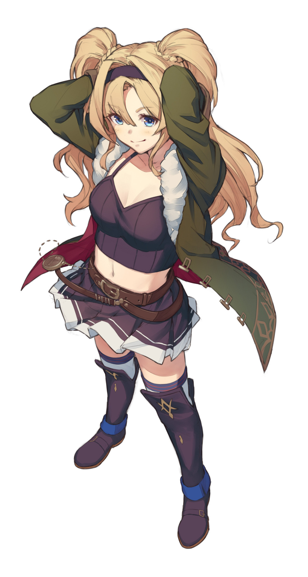 1girl arms_behind_back blonde_hair blue_eyes boots braid breasts closed_mouth eyebrows_visible_through_hair full_body fur_trim granblue_fantasy green_jacket hairband highres jacket kotoribako large_breasts looking_at_viewer midriff navel open_clothes open_jacket simple_background skirt smile solo thigh-highs white_background zeta_(granblue_fantasy)