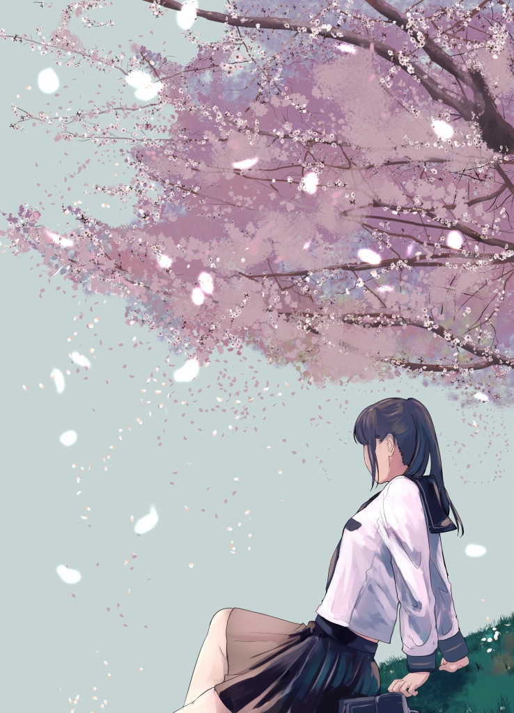 1girl arm_support black_sailor_collar black_skirt cherry_blossoms commentary_request facing_away from_side grass leaning_back long_sleeves munakata_(hisahige) original outdoors petals pleated_skirt ponytail sailor_collar school_uniform serafuku shirt sitting skirt solo tree white_shirt