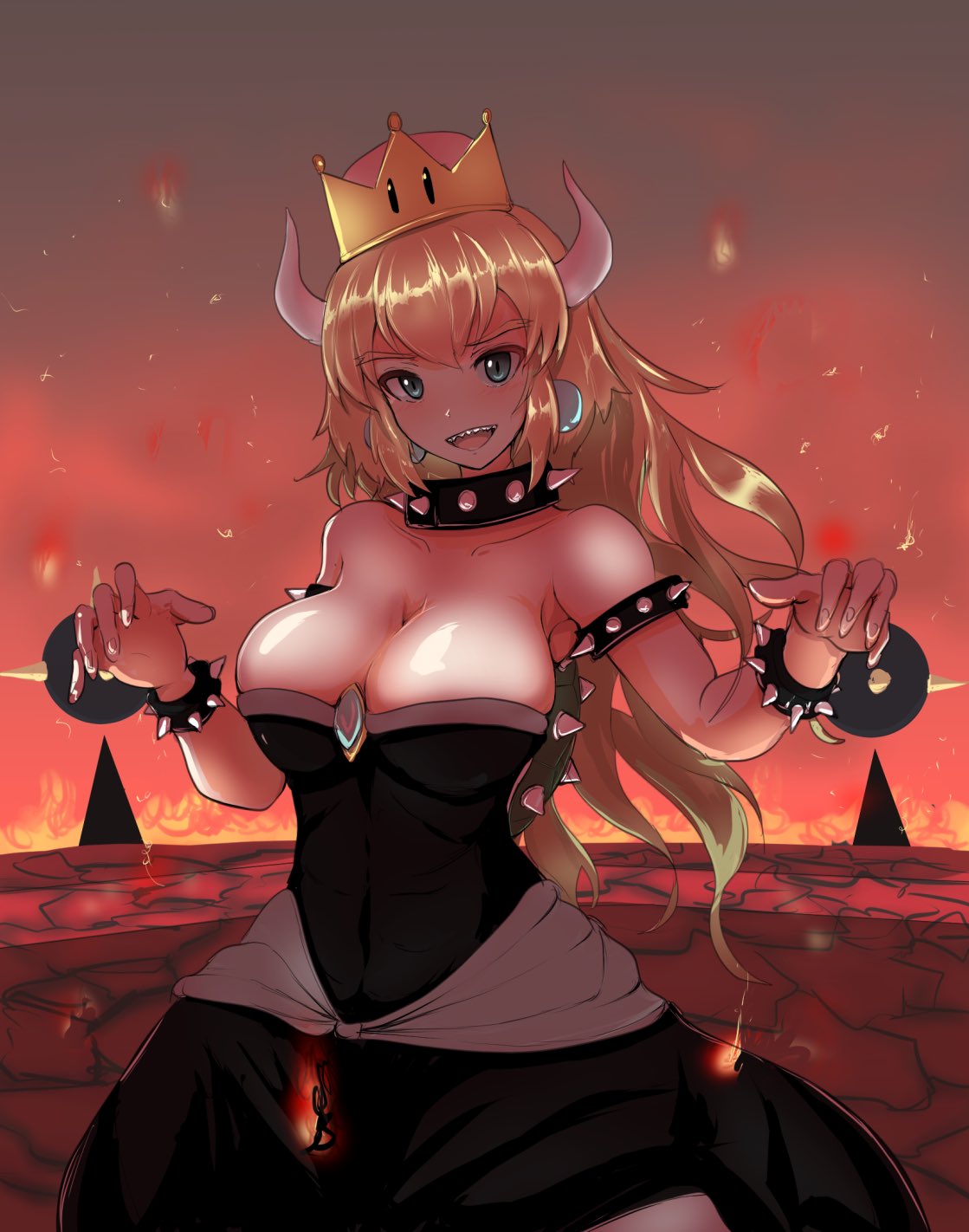 1girl :d armlet bangs black_collar black_dress blonde_hair blue_eyes bowsette bracelet breasts cleavage collar collarbone crown dress earrings embers fire highres horns jewelry large_breasts long_hair looking_at_viewer super_mario_bros. new_super_mario_bros._u_deluxe nintendo open_mouth smile solo spiked_bracelet spiked_collar spikes super_crown super_mario_64 super_mario_bros. take_(trude1945oneetyan) turtle_shell