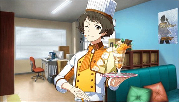 akizuki_ryou brown_eyes brown_hair chef_hat idolmaster idolmaster_side-m idolmaster_side-m_live_on_stage short_hair smile wink