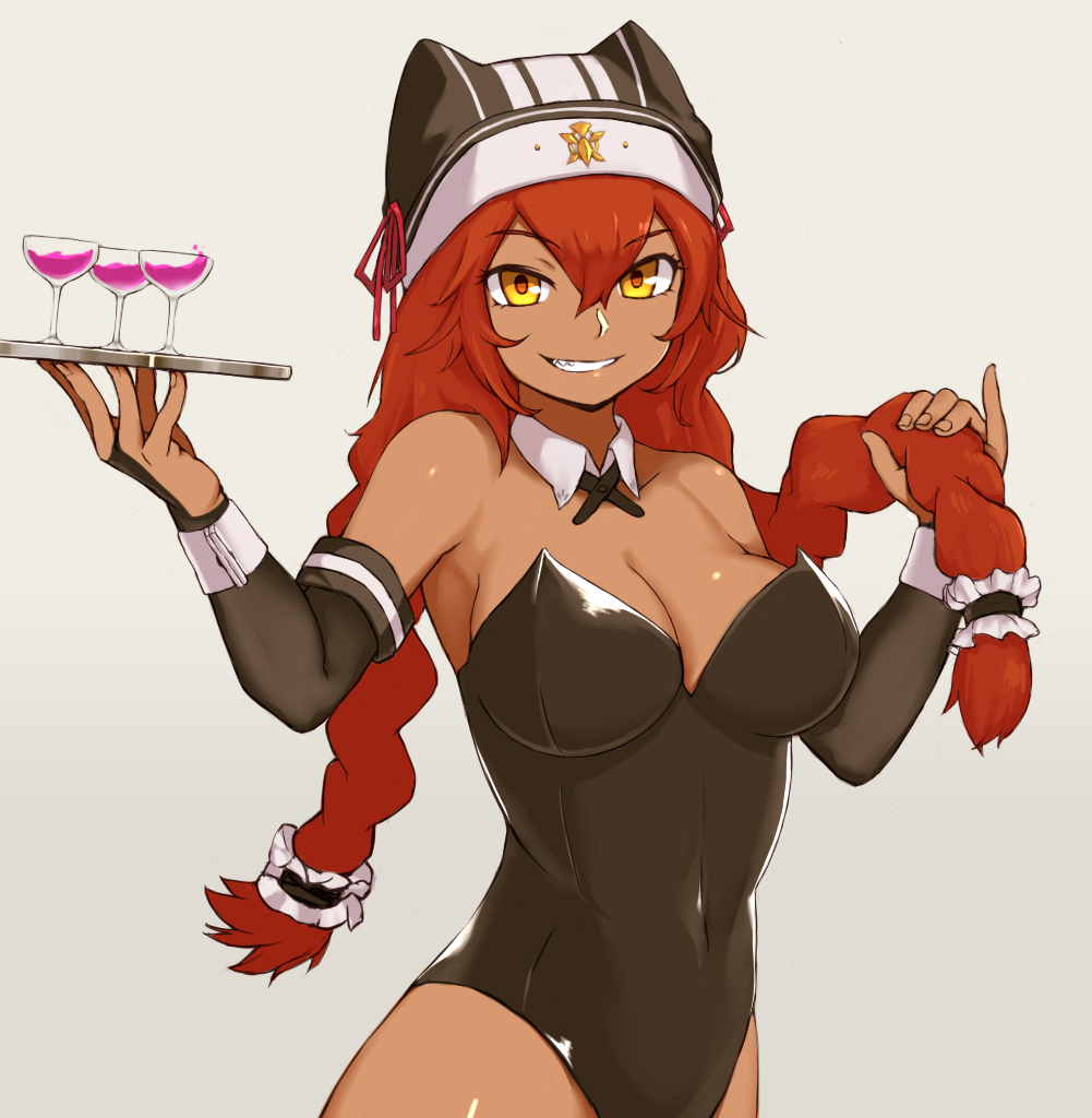 1girl alternate_costume animal_ears bare_shoulders braid breasts bunny_girl bunnysuit cleavage cup dark_skin detached_sleeves drinking_glass fang hat looking_at_viewer lupusregina_beta medium_breasts overlord_(maruyama) plate rabbit_ears smile solo squid_neetommy twin_braids waitress yellow_eyes