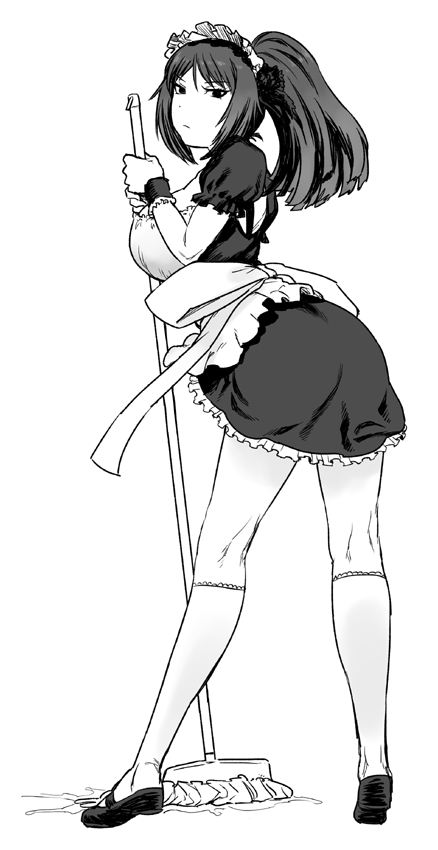 1girl apron bangs breasts closed_mouth full_body greyscale holding kneepits large_breasts looking_at_viewer looking_back maid maid_apron maid_headdress monochrome mop original ponytail shoes simple_background socks solo tsukudani_(coke-buta) white_background wristband