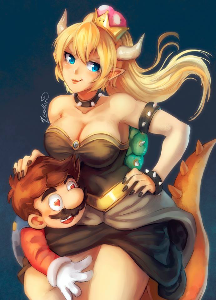 1boy 1girl armlet bare_shoulders black_dress blonde_hair blue_eyes bowsette bracelet breasts collar crown dress earrings facial_hair heart heart-shaped_pupils horns jewelry mario super_mario_bros. mustache new_super_mario_bros._u_deluxe nintendo overalls plumber pointy_ears ponytail spiked_bracelet spiked_collar spiked_shell spiked_tail spikes strapless strapless_dress super_crown symbol-shaped_pupils tail turtle_shell zkoyllar