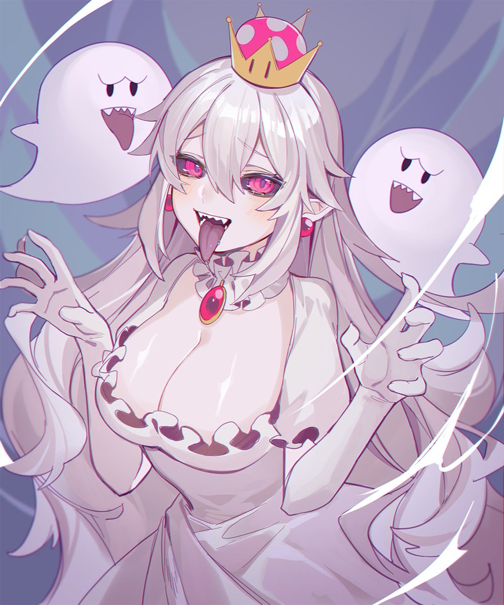 1girl breasts cleavage crown dress gloves hair_between_eyes highres long_hair looking_at_viewer luigi's_mansion open_mouth princess_king_boo red_eyes sharp_teeth super_crown teeth tongue tongue_out turkey_(weave7769) white_dress white_gloves