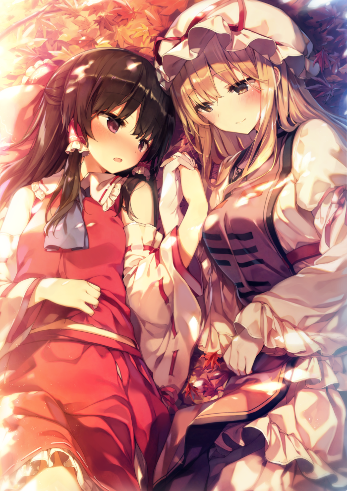 2girls autumn_leaves bangs bare_shoulders black_hair blonde_hair blush bow breasts brown_eyes commentary_request cowboy_shot detached_sleeves dress eye_contact frilled_bow frilled_shirt_collar frills hair_bow hair_tubes hakurei_reimu hand_holding hat hat_ribbon head_tilt large_breasts layered_dress leaf long_hair long_sleeves looking_at_another lying midriff_peek mob_cap multiple_girls nose_blush on_back parted_lips petticoat red_bow red_ribbon red_skirt ribbon ribbon-trimmed_skirt ribbon-trimmed_sleeves ribbon_trim shinoba sidelocks skirt skirt_set smile tabard touhou white_dress white_hat wide_sleeves yakumo_yukari yellow_eyes yuri