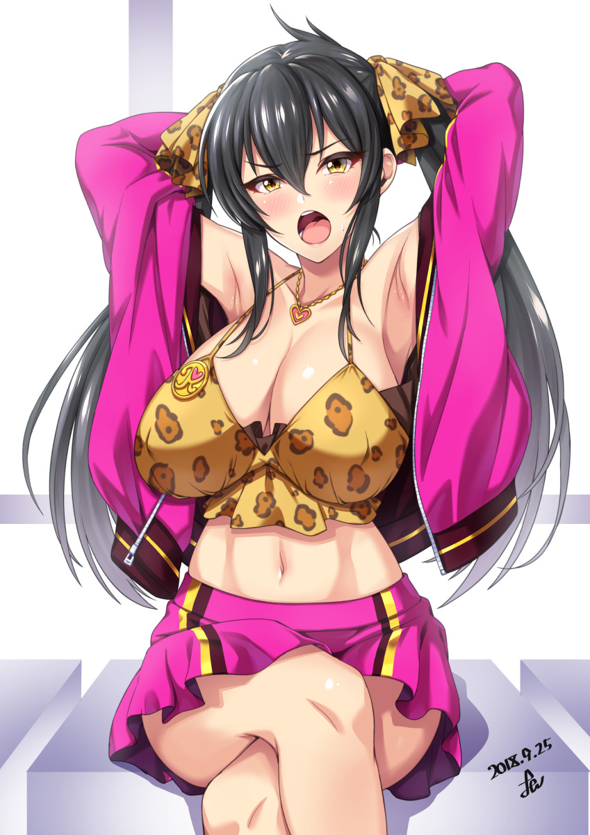 1girl animal_print armpits arms_behind_head artist_name black_hair blush breasts cleavage collarbone dated eyebrows_visible_through_hair heart heart_necklace highres idolmaster idolmaster_cinderella_girls jewelry large_breasts legs_crossed leopard_print long_hair looking_at_viewer matoba_risa midriff miniskirt navel necklace older open_mouth pink_skirt sitting skirt solo twintails yellow_eyes yoohi