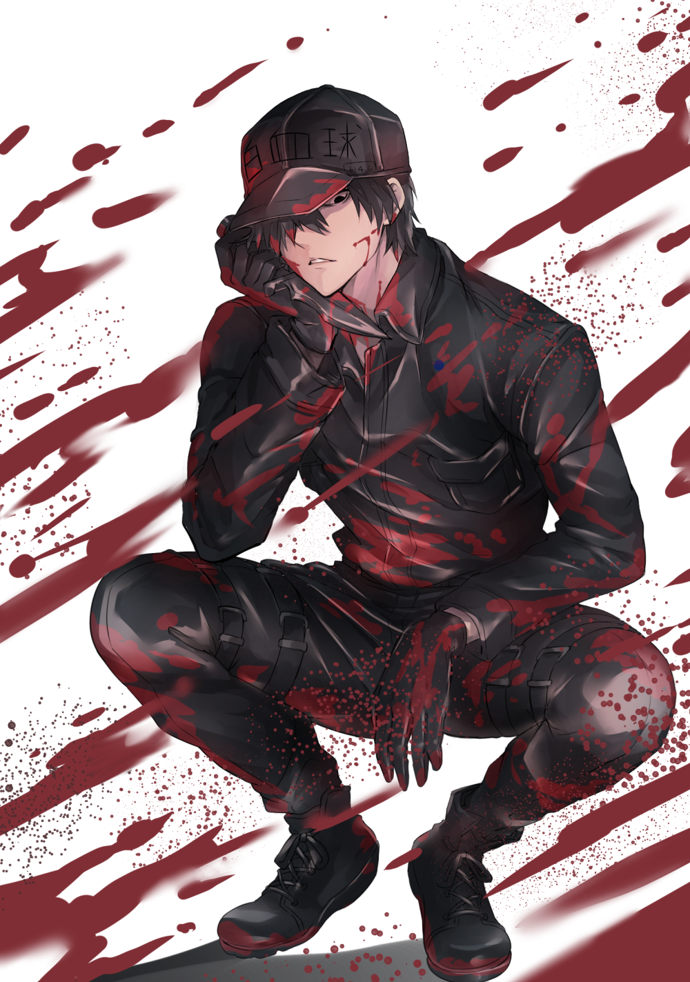 1boy alternate_color alternate_hair_color bangs black_footwear black_gloves black_hair black_hat black_jacket black_pants blood blood_on_face bloody_clothes boots clothes_writing commentary_request cross-laced_footwear flat_cap full_body gloves hand_up hat hataraku_saibou highres holding holding_knife jacket knife lace-up_boots long_sleeves looking_at_viewer male_focus melynx_(user_aot2846) pants parted_lips revision solo squatting white_background white_blood_cell_(hataraku_saibou)