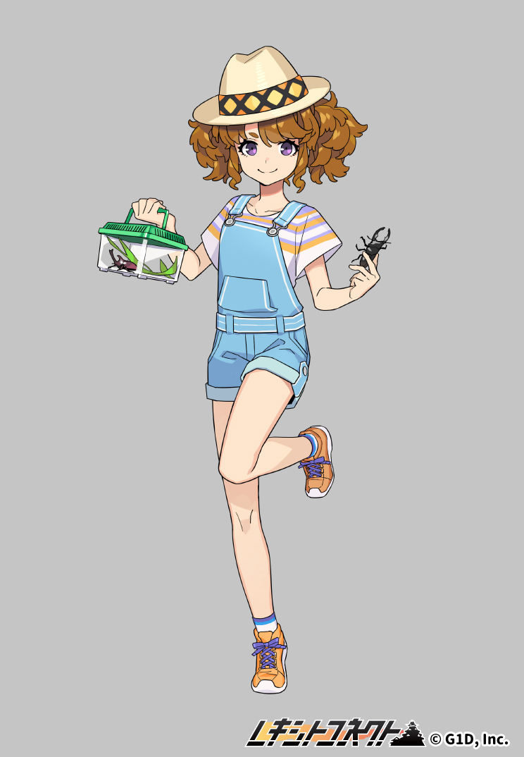 beetle bug character_request grey_background hat insect insect_cage looking_at_viewer official_art orange_footwear overalls pota_(bluegutty) reki_connect shirt shoes shorts smile sneakers standing standing_on_one_leg t-shirt violet_eyes watermark