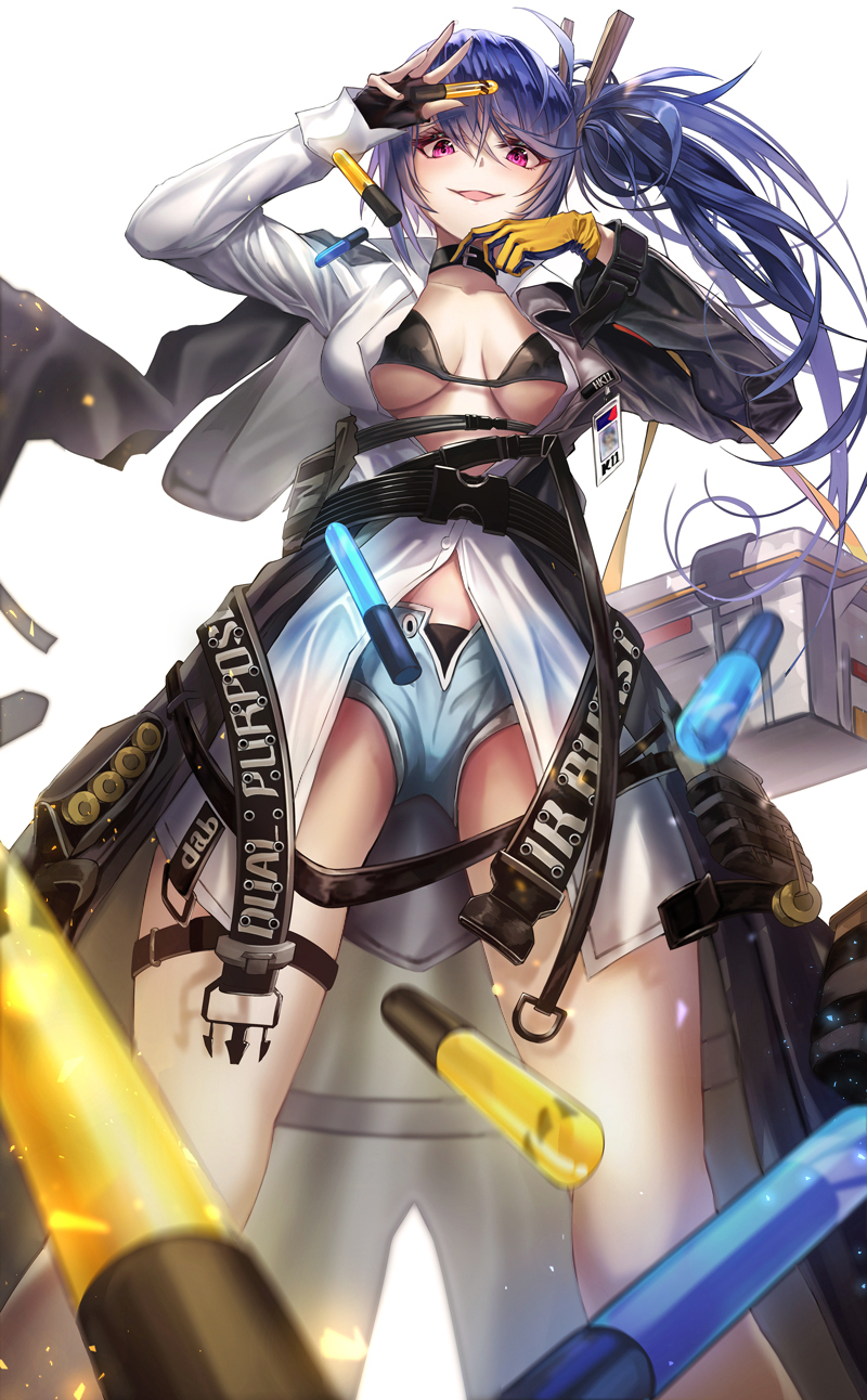 1girl asymmetrical_gloves bangs bikini black_bikini black_gloves blue_hair blue_shorts blush breasts character_name clothes_pin clothes_writing coat collarbone cooler dropping explosive fingerless_gloves from_below girls_frontline gloves grenade hair_between_eyes highres jewelry k11_(girls_frontline) leather_choker light_particles limit_x long_hair long_shirt looking_at_viewer messy_hair name_tag off_shoulder open_clothes open_coat open_mouth open_shirt shirt short_shorts shorts side_ponytail sidelocks sile simple_background single_fingerless_glove smile snap-fit_buckle solo standing stomach strap swimsuit thigh_strap thighs trench_coat unbuttoned_pants under_boob violet_eyes white_background white_shirt