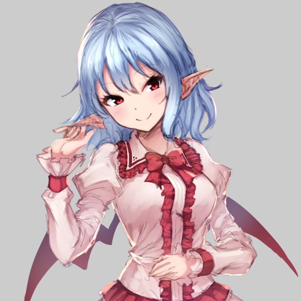 1girl blue_hair blush bow bowtie grey_background junior27016 long_sleeves looking_at_viewer pointy_ears red_eyes remilia_scarlet smile solo touhou upper_body wings