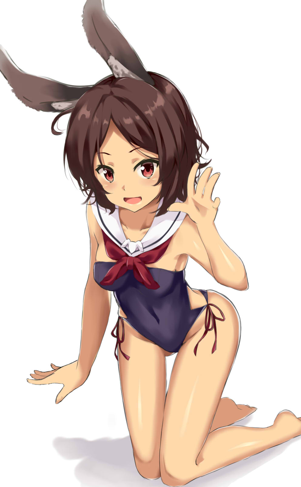 1girl :d animal_ears azur_lane bangs bare_arms bare_legs bare_shoulders barefoot blue_swimsuit blush breasts brown_hair collarbone commentary_request dark_skin eyebrows_visible_through_hair fingernails hand_up highres i-26_(azur_lane) kneeling kohakope looking_at_viewer medium_breasts neckerchief open_mouth parted_bangs rabbit_ears red_eyes red_neckwear sailor_collar shadow smile soles solo strapless strapless_swimsuit swimsuit white_background white_sailor_collar