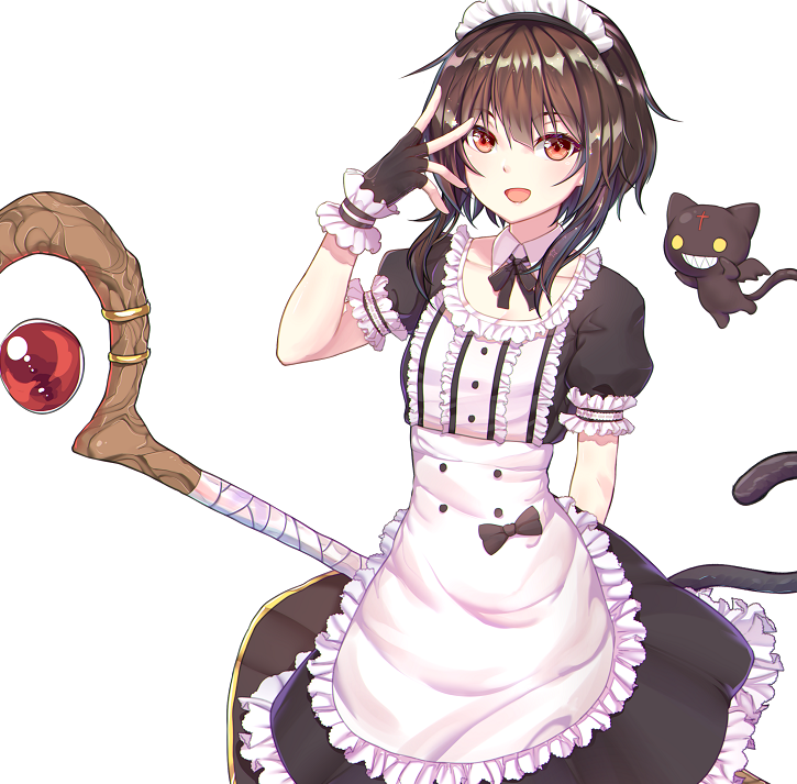 1girl alternate_costume apron black_ribbon blush brown_hair chomusuke enmaided eyebrows_visible_through_hair fingerless_gloves frills gloves kaiend kono_subarashii_sekai_ni_shukufuku_wo! looking_at_viewer maid maid_apron maid_headdress megumin open_mouth puffy_sleeves red_eyes ribbon short_hair simple_background skirt waist_apron white_background