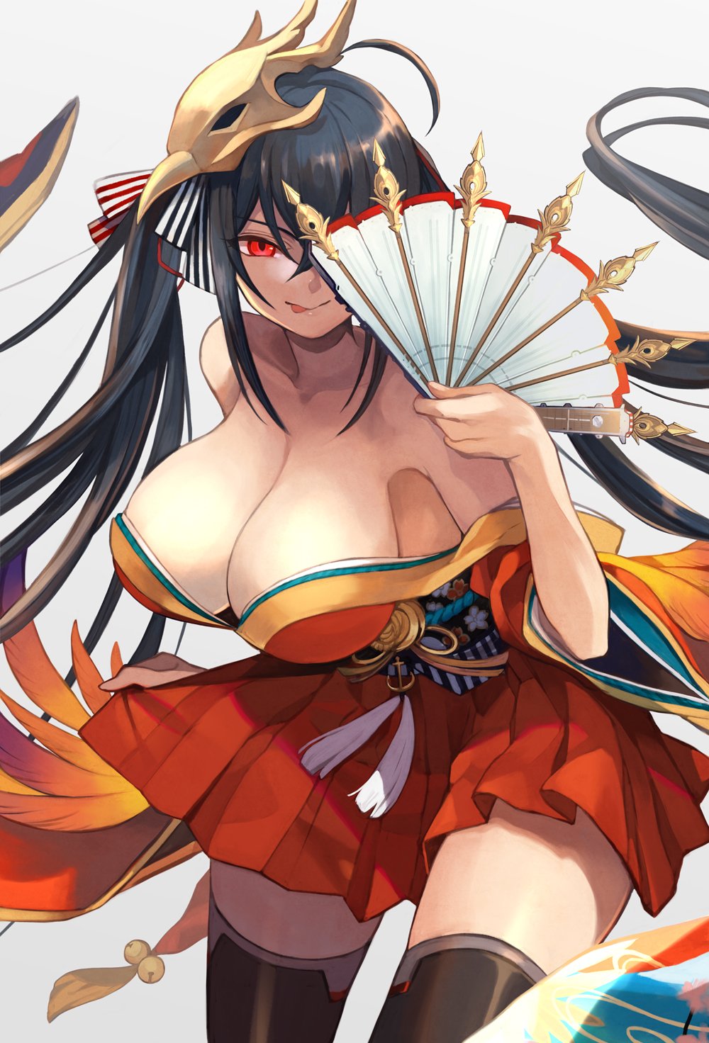 1girl ahoge azur_lane bangs bare_shoulders black_hair blush breasts cleavage collarbone eyebrows_visible_through_hair fan hair_between_eyes hair_ornament highres huge_breasts japanese_clothes kimono large_breasts long_hair looking_at_viewer obi red_eyes sash smile solo taihou_(azur_lane) thigh-highs very_long_hair wide_sleeves yuko_(uc_yuk)