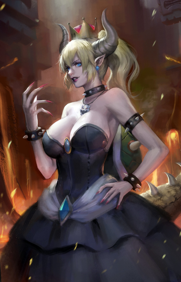 1girl black_dress blonde_hair blue_eyes borrowed_character bowsette breasts cleavage crown dress earrings fingernails fire horns jewelry large_breasts lips lipstick makeup super_mario_bros. nail_polish new_super_mario_bros._u_deluxe nintendo phamoz pointy_ears ponytail red_lipstick red_nails sharp_fingernails shell skull_necklace sleeveless sleeveless_dress solo strapless strapless_dress super_mario_bros. tail