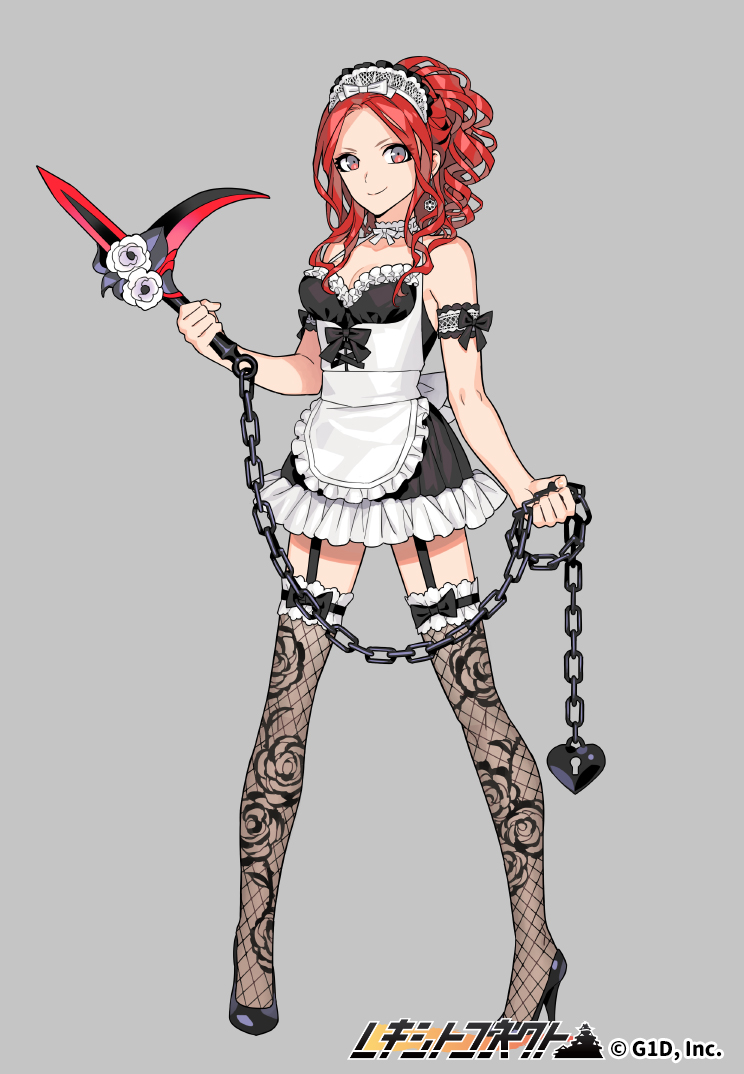 1girl apron armband bare_shoulders black_footwear black_legwear breasts chains copyright_name floral_print frills full_body garter_straps grey_background holding holding_weapon lock long_hair looking_at_viewer maid maid_apron maid_headdress medium_breasts official_art pota_(bluegutty) red_eyes redhead reki_connect smile solo standing thigh-highs watemark watermark wavy_hair weapon