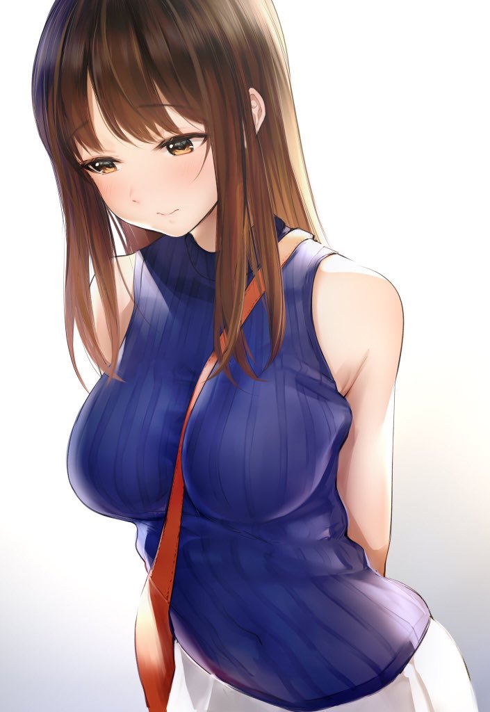1girl arms_behind_back bag bangs bare_shoulders blue_vest blush breasts brown_eyes brown_hair closed_mouth covered_navel hair_between_eyes large_breasts long_hair looking_down original ribbed_sweater shoulder_bag simple_background solo sweater sweater_vest takeashiro vest white_background