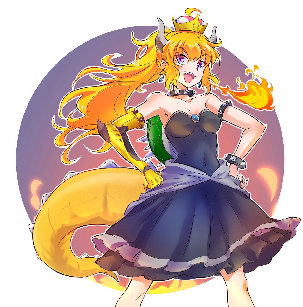 1girl ahoge black_dress blonde_hair bowsette bowsette_(cosplay) breasts collar cosplay dress earrings fire highres horns iesupa jewelry large_breasts long_hair super_mario_bros. new_super_mario_bros._u_deluxe nintendo prosthesis prosthetic_arm rwby sharp_teeth solo spiked_collar spiked_shell spiked_tail spikes strapless strapless_dress super_crown tail teeth turtle_shell violet_eyes wavy_hair yang_xiao_long