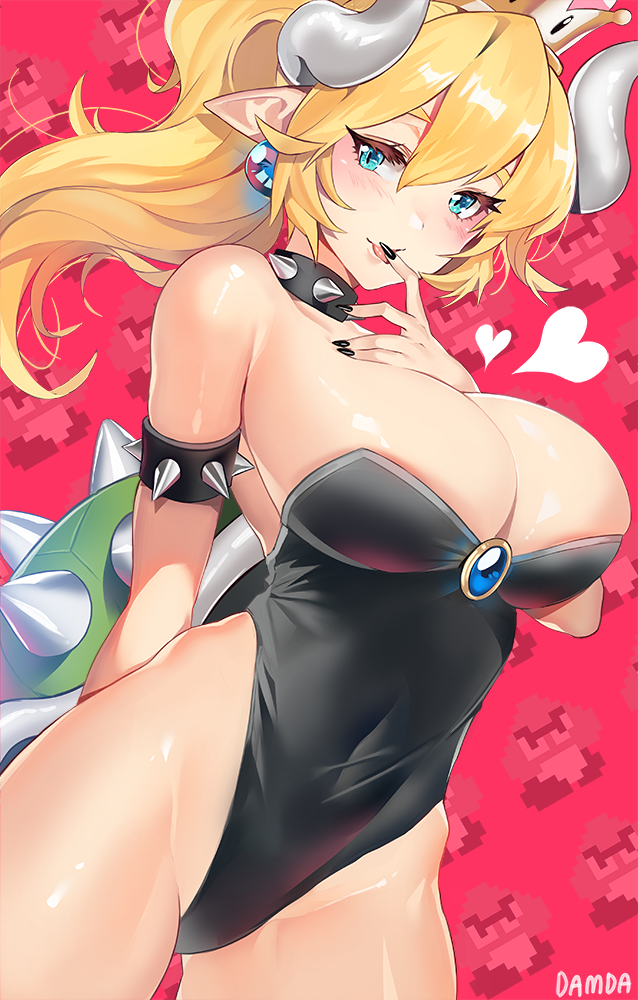 1girl armlet bangs bare_shoulders black_leotard black_nails blonde_hair blue_eyes blush bowsette breasts brooch cleavage collar collarbone covered_navel crown damda eyelashes genderswap genderswap_(mtf) goomba hair_between_eyes heart highleg highleg_leotard hips horns jewelry large_breasts leotard long_hair looking_at_viewer super_mario_bros. nail_polish new_super_mario_bros._u_deluxe nintendo pink_background pixelated pointy_ears ponytail smile solo spiked_collar spiked_shell spikes super_crown super_mario_bros. teeth tongue tongue_out turtle_shell waist