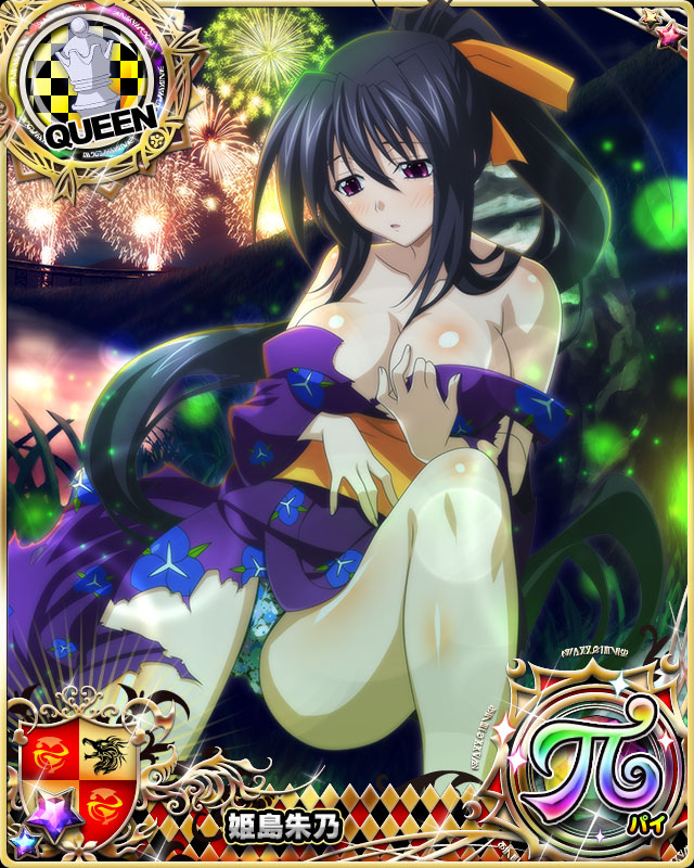 1girl bare_shoulders bikini bikini_under_clothes black_hair blush breasts card_(medium) character_name chess_piece cleavage fireworks hair_ribbon high_school_dxd high_school_dxd_pi himejima_akeno japanese_clothes kimono large_breasts long_hair long_ponytail off_shoulder official_art parted_lips ponytail queen_(chess) ribbon solo swimsuit torn_clothes trading_card very_long_hair violet_eyes yukata