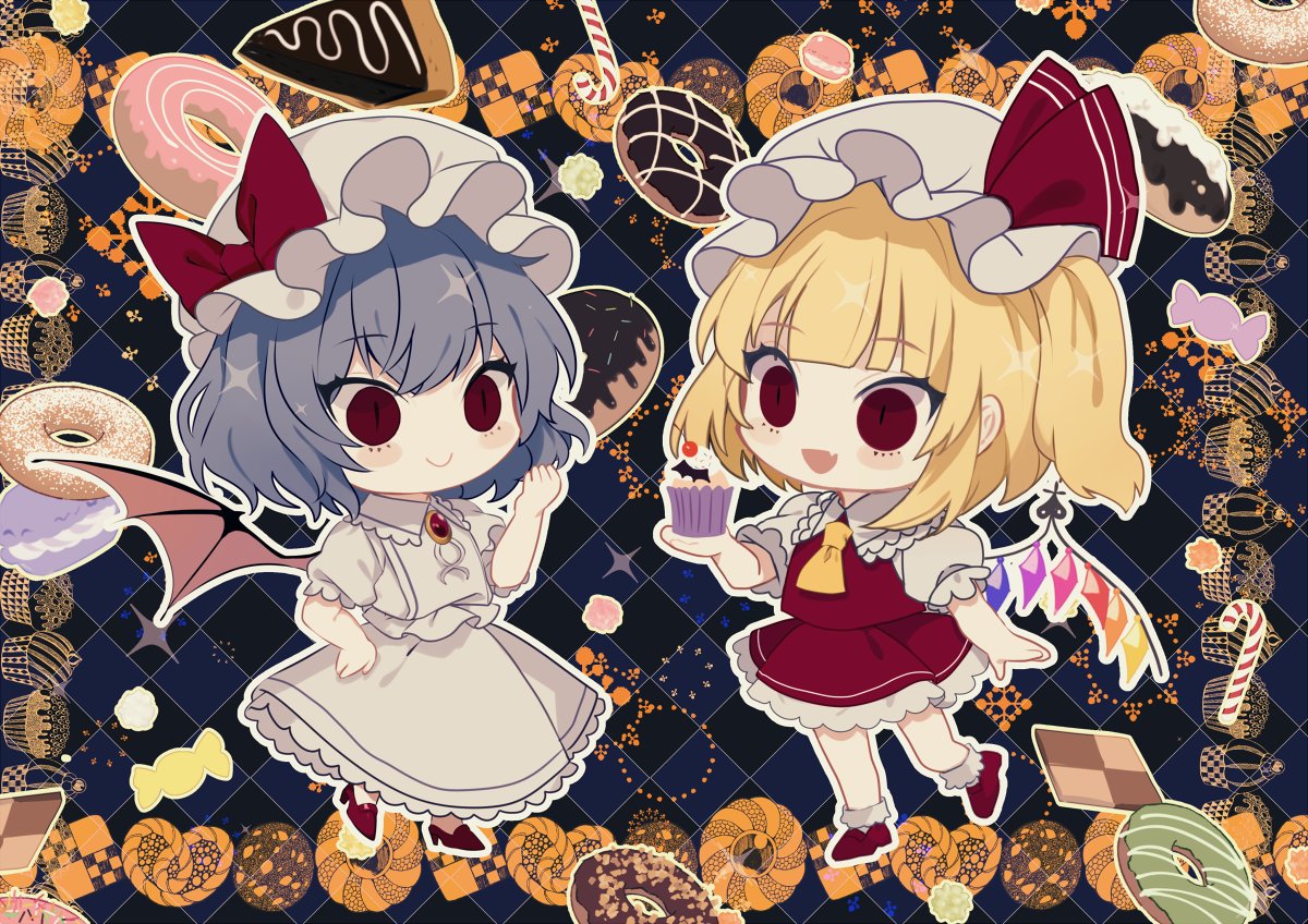 2girls :d ascot bangs bat_wings black_background blonde_hair blue_background blue_hair blunt_bangs blush_stickers bow brooch candy candy_cane checkerboard_cookie checkered checkered_background cherry chibi commentary_request cookie crystal cupcake daimaou_ruaeru doughnut dress eyebrows_visible_through_hair fang flandre_scarlet food french_cruller frilled_shirt_collar frills fruit full_body hair_between_eyes hand_up hat hat_bow hat_ribbon high_heels holding holding_food jewelry laevatein macaron mob_cap multiple_girls one_side_up open_mouth outline petticoat pretzel puffy_short_sleeves puffy_sleeves red_bow red_eyes red_footwear red_ribbon red_skirt red_vest remilia_scarlet ribbon shoes short_sleeves siblings sisters skirt skirt_set slit_pupils smile standing standing_on_one_leg touhou vest white_dress white_hat white_outline wings yellow_neckwear