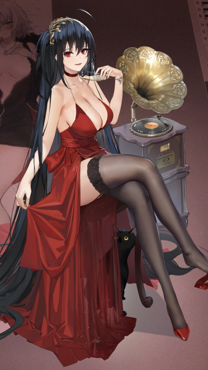 1girl alcohol azur_lane black_cat black_hair black_legwear breasts cat champagne champagne_flute cleavage cocktail_dress cup dress drinking_glass garter_straps high_heels highres large_breasts legs_crossed long_hair marisasu_(marisa0904) phonograph red_dress red_eyes shoes side_ponytail sitting smile spilling stool taihou_(azur_lane) thigh-highs very_long_hair