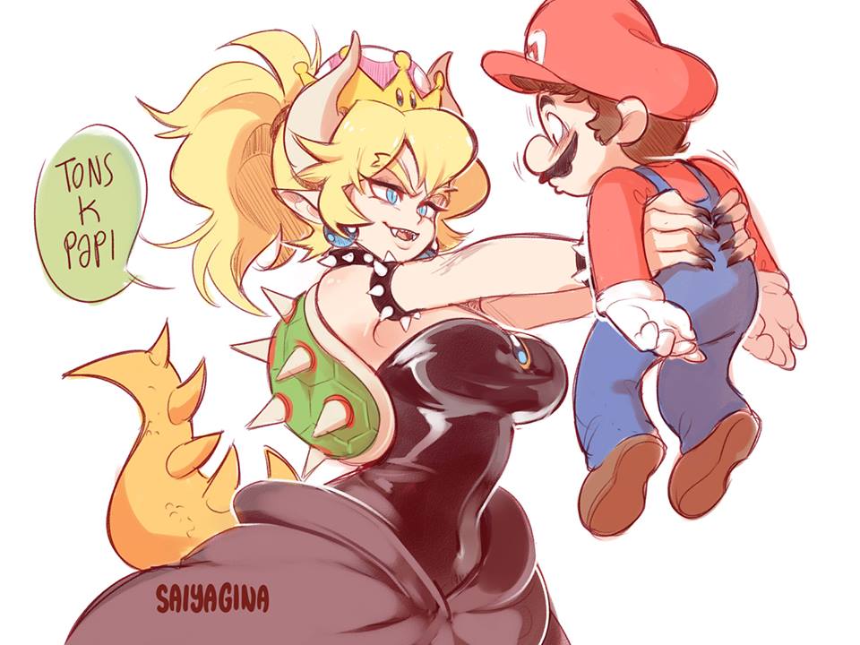 1boy 1girl armlet bare_shoulders black_dress blonde_hair blue_eyes bowsette bracelet breasts collar crown dress fangs gina_chacon horns jewelry mario super_mario_bros. new_super_mario_bros._u_deluxe nintendo ponytail sharp_teeth spiked_bracelet spiked_collar spiked_shell spiked_tail spikes super_crown tail teeth text_focus turtle_shell