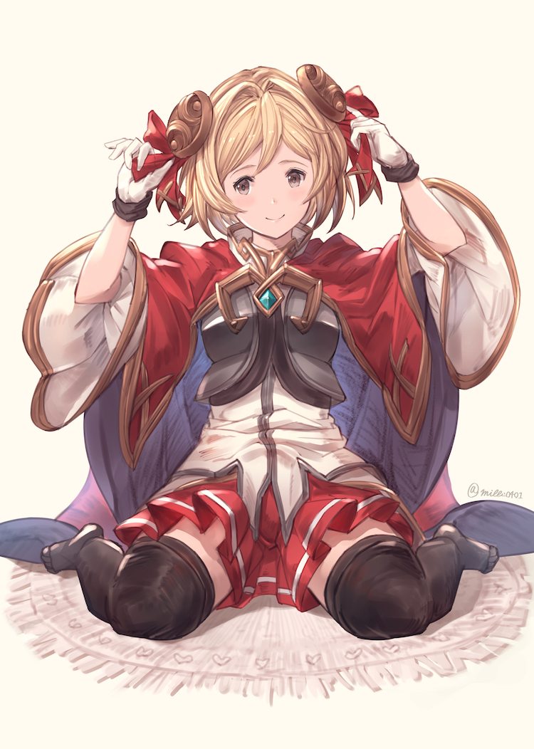 1girl black_legwear blonde_hair blush_stickers breastplate brown_eyes cape carpet djeeta_(granblue_fantasy) gloves granblue_fantasy hair_ribbon heart long_hair milli_little red_skirt ribbon short_hair simple_background sitting skirt smile thigh-highs twitter_username wariza wide_sleeves zettai_ryouiki