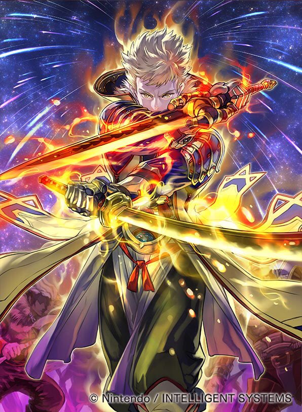 4boys axe belt belt_buckle black_pants blonde_hair buckle coat collar dual_wielding energy eudes_(fire_emblem) faceless faceless_male fire_emblem fire_emblem:_kakusei fire_emblem_cipher fireworks glowing glowing_eyes holding holding_axe holding_sword holding_weapon long_coat looking_at_viewer male_focus multiple_boys night night_sky nintendo official_art pants short_hair shoulder_armor sky star_(sky) starry_sky suzuki_rika sword vambraces weapon yellow_coat yellow_eyes