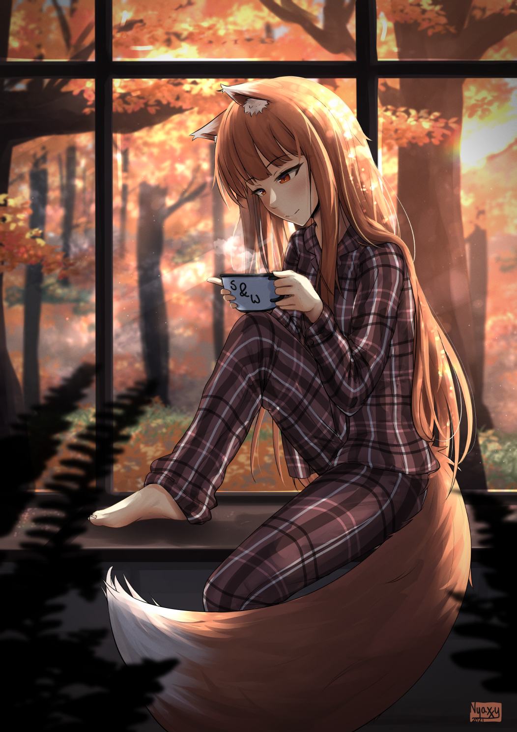 1girl animal_ears artist_name autumn autumn_leaves barefoot blush brown_hair coffee coffee_mug cup fern highres holo leg_up long_hair mug nyaxxy pajamas red_eyes smile solo spice_and_wolf tail window wolf_ears wolf_tail