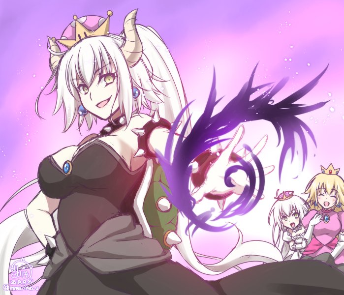 3girls black_dress blonde_hair bowsette bowsette_(cosplay) bracelet breasts cleavage collar commentary_request cosplay crown dress fate/grand_order fate_(series) horns jeanne_d'arc_(alter)_(fate) jeanne_d'arc_(fate) jeanne_d'arc_(fate)_(all) jewelry large_breasts long_hair super_mario_bros. mmarimo_v multiple_girls new_super_mario_bros._u_deluxe nintendo open_mouth pink_dress ponytail princess_king_boo princess_king_boo_(cosplay) princess_peach princess_peach_(cosplay) smile spiked_bracelet spiked_collar spikes super_crown turtle_shell very_long_hair white_dress white_hair yellow_eyes