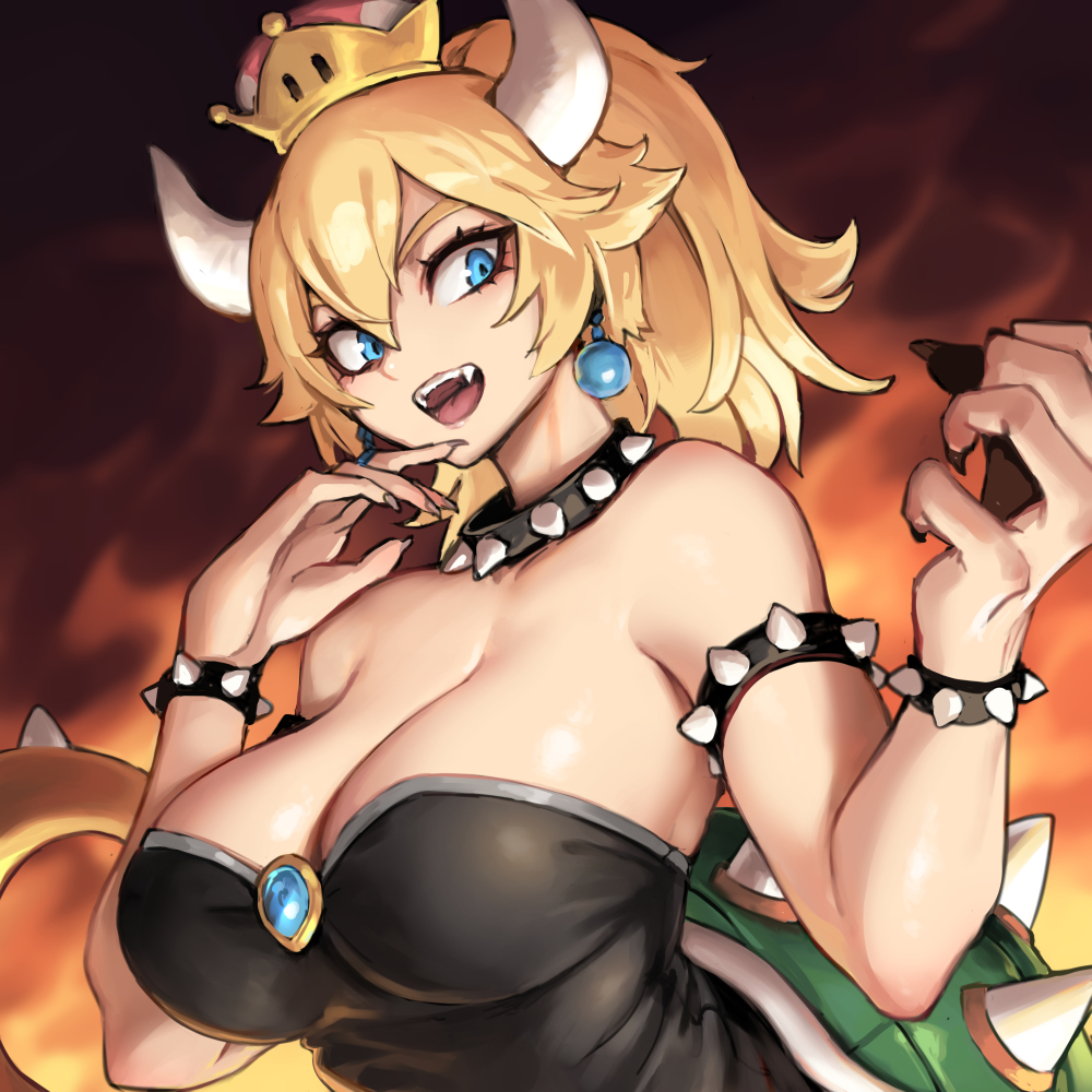 1girl :d bare_shoulders blonde_hair blue_eyes bowsette bracelet breasts cleavage collar commentary earrings fangs fingernails genderswap genderswap_(mtf) hair_between_eyes hand_to_own_mouth horns jewelry large_breasts leotard long_fingernails long_hair super_mario_bros. new_super_mario_bros._u_deluxe nintendo oopartz_yang open_mouth ponytail sharp_fingernails smile solo spiked_armlet spiked_bracelet spiked_collar spikes super_crown tail upper_body
