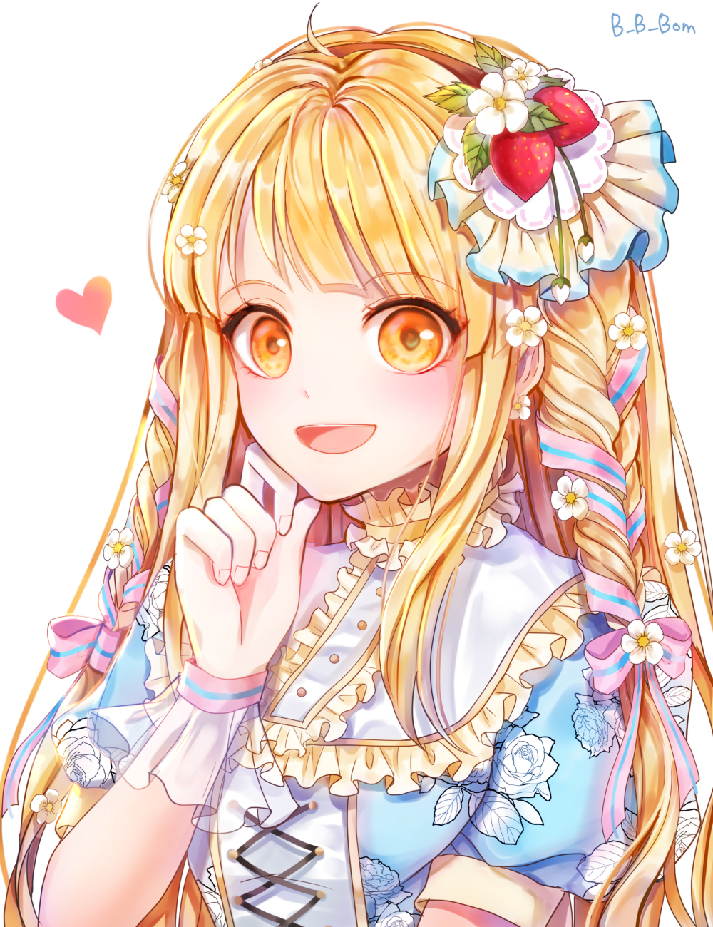 1girl :d ahoge alternate_hairstyle artist_name bang_dream! bangs blonde_hair center_frills clenched_hand cross-laced_clothes earrings eyebrows_visible_through_hair ferrel_(rocher_71) floral_print flower flower_earrings food food_themed_hair_ornament frilled_shirt_collar frills fruit hair_flower hair_ornament hair_ribbon hairband hand_on_own_chin heart highres jewelry long_hair looking_at_viewer open_mouth pink_ribbon ribbon short_sleeves side_braids smile solo strawberry strawberry_hair_ornament striped striped_ribbon tsurumaki_kokoro upper_body white_flower wrist_cuffs yellow_eyes