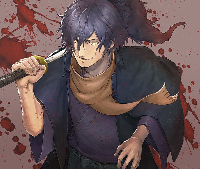 1boy black_hair blood blood_splatter brown_scarf fate/grand_order fate_(series) grin hair_between_eyes holding holding_sword holding_weapon japanese_clothes katana long_hair male_focus okada_izou_(fate) over_shoulder scarf shisamu smile standing sword upper_body weapon wide_sleeves yellow_eyes