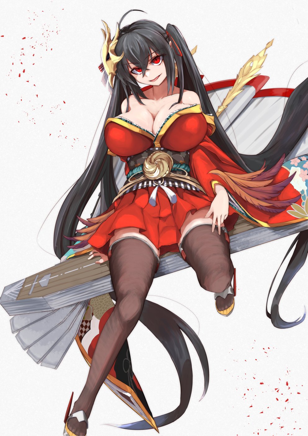 1girl ahoge artist_request azur_lane bangs bare_shoulders black_hair breasts cleavage collarbone eyebrows_visible_through_hair hair_between_eyes hair_ornament highres huge_breasts japanese_clothes kimono large_breasts long_hair looking_at_viewer obi red_eyes sash solo taihou_(azur_lane) very_long_hair wide_sleeves