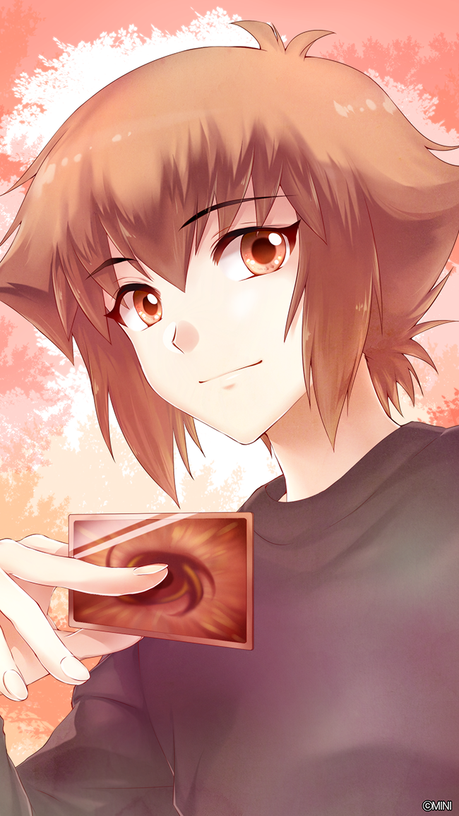 1boy black_shirt brown_eyes brown_hair card eyebrows_visible_through_hair hair_between_eyes holding holding_card looking_at_viewer male_focus mini_(pixiv6327751) shiny shiny_hair shirt smile solo yu-gi-oh! yuu-gi-ou yuu-gi-ou_gx yuuki_juudai