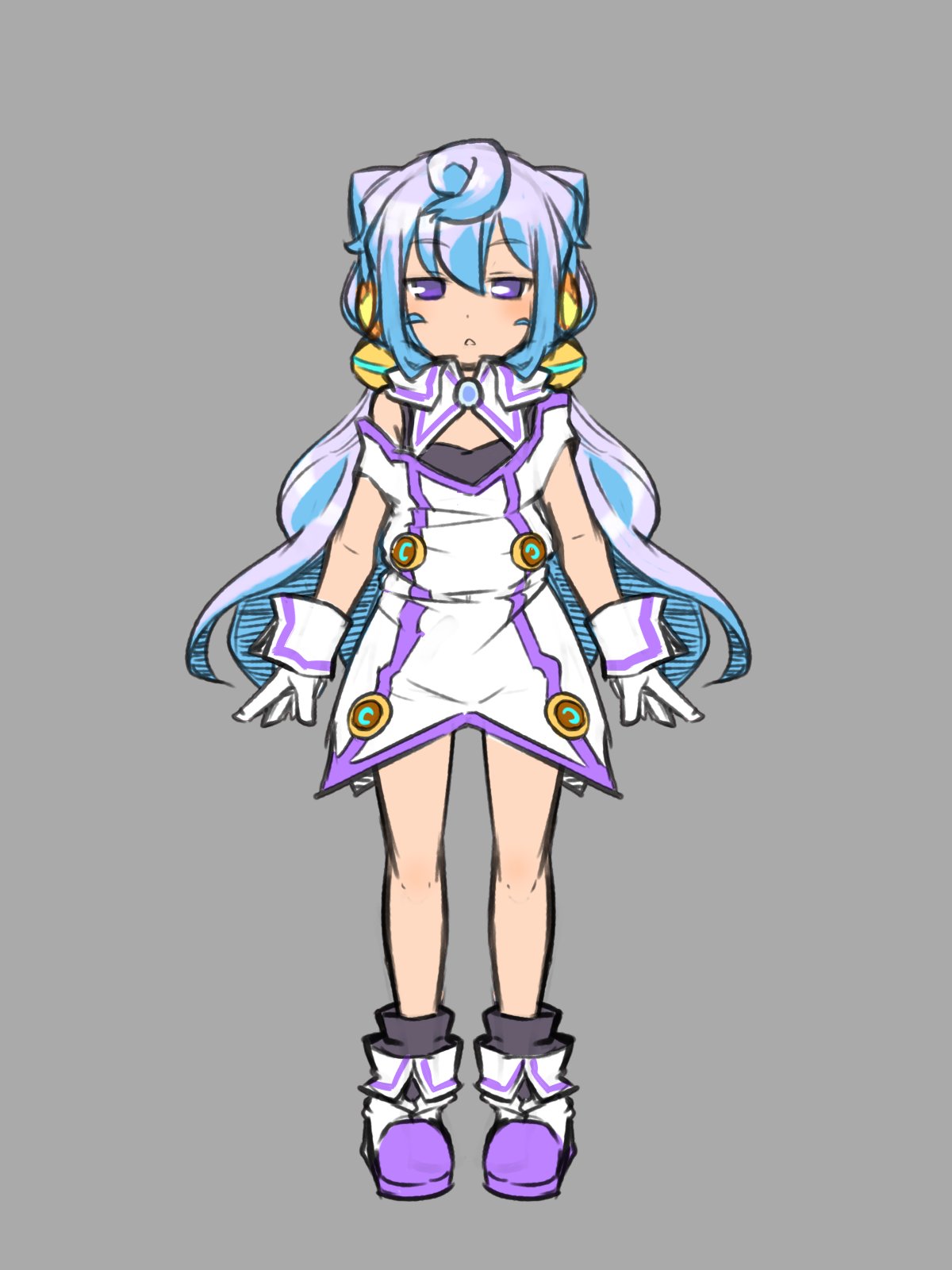 1boy ahoge arms_at_sides black_legwear blue_hair blush commentary_request dress eyebrows_visible_through_hair fukurou_(owl222) full_body gloves grey_background hacka_doll hacka_doll_3 highres long_hair off_shoulder otoko_no_ko parted_lips pigeon-toed purple_footwear shoes short_dress simple_background socks solo very_long_hair violet_eyes white_dress white_gloves