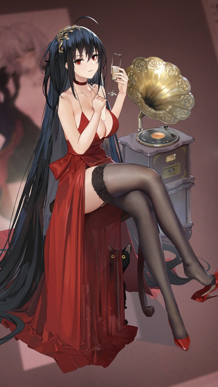 1girl alcohol azur_lane between_breasts black_cat black_hair black_legwear breasts cat champagne champagne_flute cleavage cocktail_dress cup dress drinking_glass envelope garter_straps high_heels highres large_breasts legs_crossed long_hair marisasu_(marisa0904) phonograph red_dress red_eyes shoes side_ponytail sitting smile stool taihou_(azur_lane) thigh-highs very_long_hair