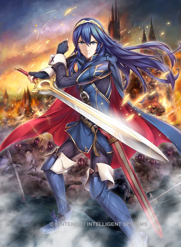 1girl axe blue_cape blue_eyes blue_hair boots cape castle embers falchion_(fire_emblem) fingerless_gloves fire fire_emblem fire_emblem:_kakusei fire_emblem_cipher gloves glowing glowing_eyes holding holding_sword holding_weapon leggings long_hair lucina nintendo official_art planted_sword planted_weapon polearm serious sheath solo spear sword thigh-highs thigh_boots tiara weapon yamada_koutarou zombie