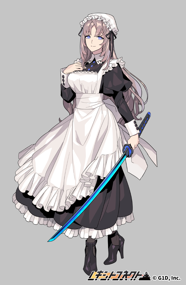 1girl apron black_footwear blue_eyes copyright_name full_body grey_background hand_up high_heels holding holding_sword holding_weapon katana light_smile long_hair long_sleeves looking_at_viewer maid maid_apron maid_cap official_art pota_(bluegutty) puffy_long_sleeves puffy_sleeves reki_connect standing sword watermark weapon