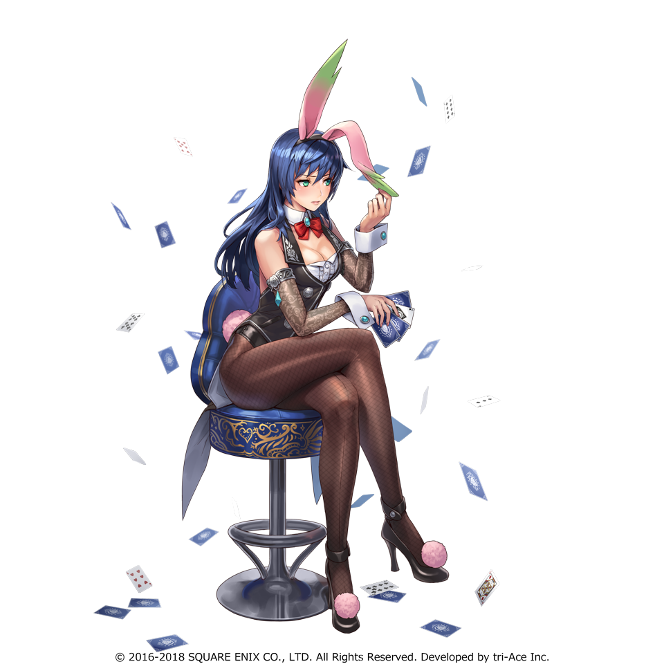 ace_of_spades animal_ears aqua_eyes arm_on_knee blue_eyes blush bow breasts bunny_tail bunnysuit card chair cleavage cleavage_cutout collared_shirt company_name cuffs elbow_gloves embarrassed fake_animal_ears fake_tail fishnet_legwear fishnets gloves long_hair maria_traydor medium_breasts official_art playing_card rabbit_ears shirt star_ocean star_ocean_anamnesis star_ocean_till_the_end_of_time tail