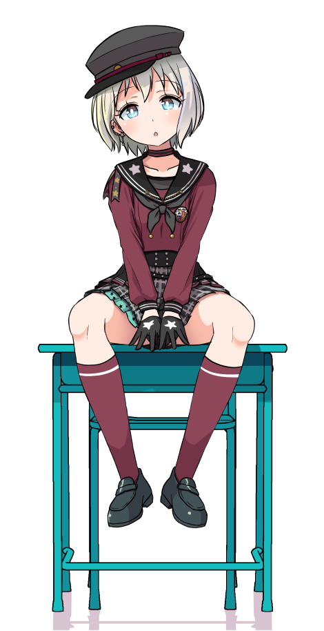 1girl :o aoba_moca badge bang_dream! bangs between_legs black_footwear black_gloves black_neckwear blue_eyes chair desk double-breasted gloves grey_hair hand_between_legs hat kneehighs long_sleeves looking_at_viewer lost_one_no_goukoku_(vocaloid) miniskirt neckerchief on_desk red_legwear school_chair school_desk school_uniform serafuku shipii_(jigglypuff) shoes short_hair simple_background sitting sitting_on_desk skirt solo star star_print striped_choker vocaloid white_background