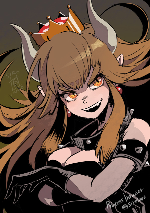 1girl bare_shoulders black_gloves bowsette breast_hold breasts brown_background brown_hair character_name cleavage collar commentary_request crown earrings eyebrows gloves head_tilt horns jewelry long_hair super_mario_bros. medium_breasts new_super_mario_bros._u_deluxe nintendo orange_eyes pointy_ears sharp_teeth shiroton_(kazamineko) slit_pupils solo spiked_armlet spiked_collar spikes super_crown super_mario_bros. teeth twitter_username upper_body v-shaped_eyebrows