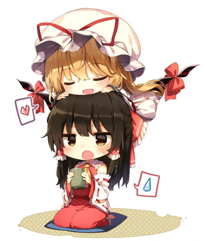 2girls :o ascot bangs bare_shoulders barefoot black_hair blonde_hair blush bow brown_eyes chibi closed_eyes commentary_request cup detached_sleeves dress drinking_glass eyebrows_visible_through_hair frilled_bow frilled_shirt_collar frills gap hair_between_eyes hair_bow hair_tubes hakurei_reimu hands_on_another's_head hat hat_ribbon heart holding holding_cup layered_dress long_hair long_sleeves mob_cap multiple_girls open_mouth petticoat polka_dot red_bow red_ribbon red_skirt ribbon ribbon-trimmed_sleeves ribbon_trim shinoba sidelocks simple_background skirt skirt_set smile spoken_heart spoken_sweatdrop sweat sweatdrop touhou tsurime white_background white_dress white_hat wide_sleeves yakumo_yukari yellow_neckwear yuri